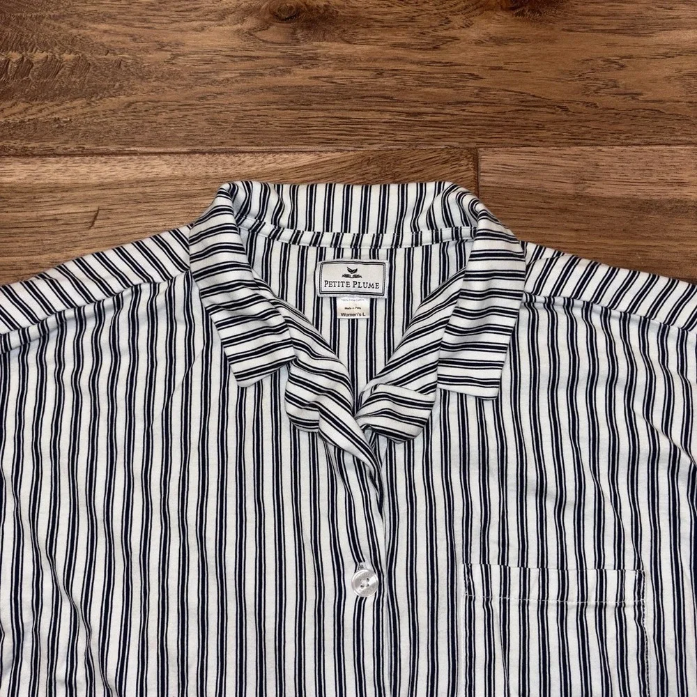 Petite Plume Pima Pajama Set in Navy French Ticking Women's Large
